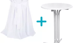 banketovy stol priemer 70cm+bavlneny obrus biely so stuhou